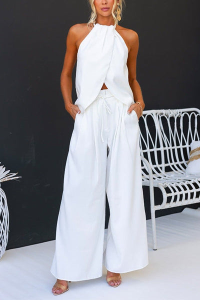 Sleeveless Halter Top & Wide-Leg Trousers Set