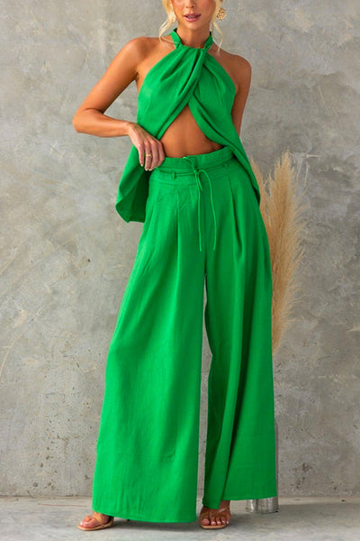 Sleeveless Halter Top & Wide-Leg Trousers Set
